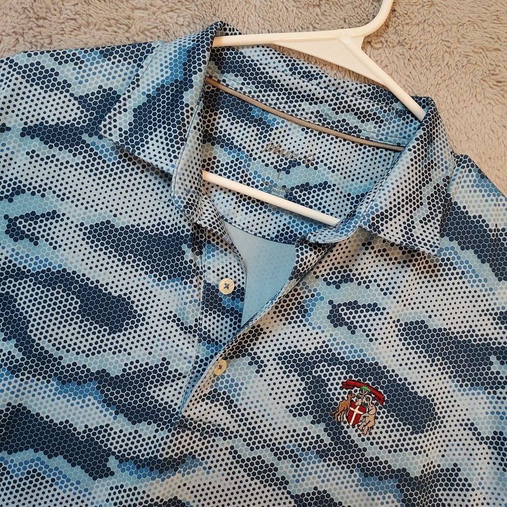 Johnnie O Polo Shirt Mens Large Camo Performance Stretch Blue Preppy Golf Casual